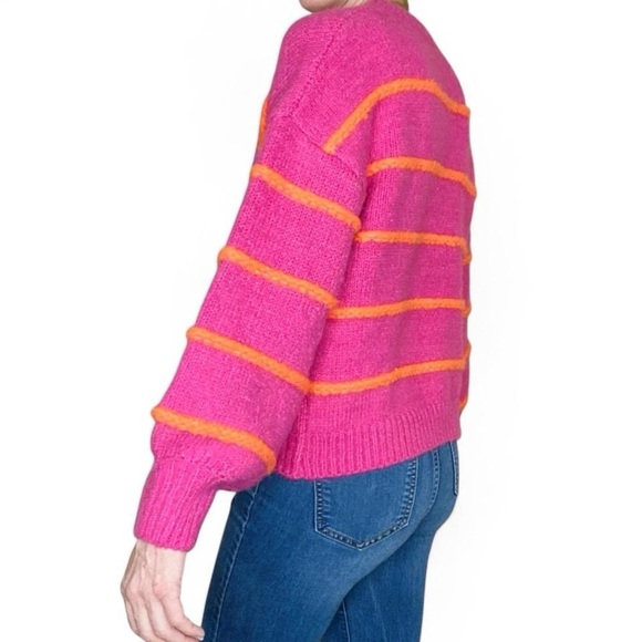 NWT Fashion Clothing Pink & Orange Striped Puff Sleeve Preppy Cardigan Sweater - Picture 3 of 8